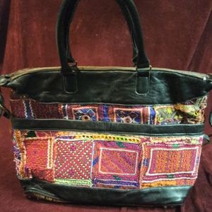 Indian Banjara Leather Textile Tote Bag 19"×14"